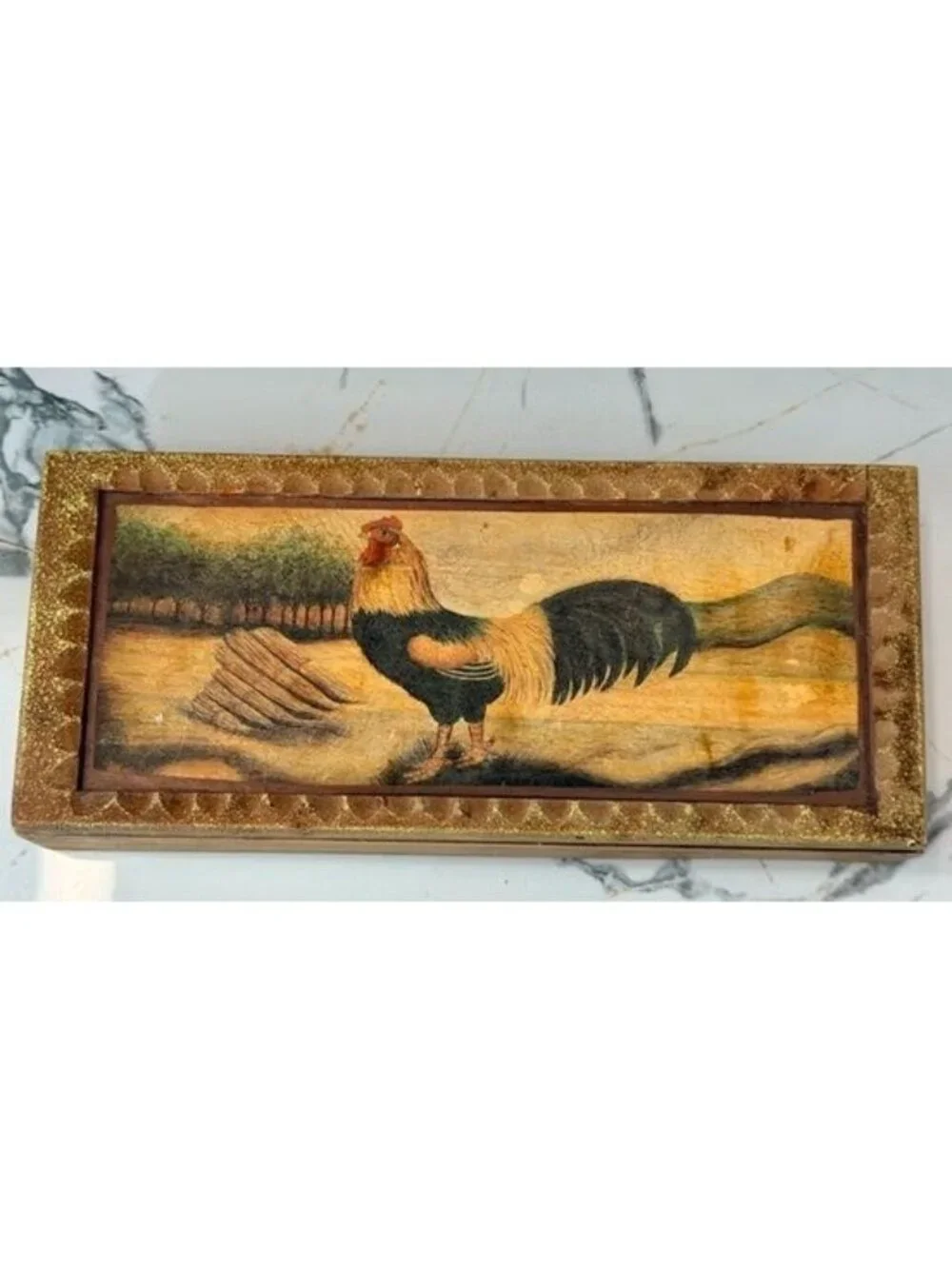 Vintage Rooster Wood Storage Hinged Trinket Box , country, farmhouse